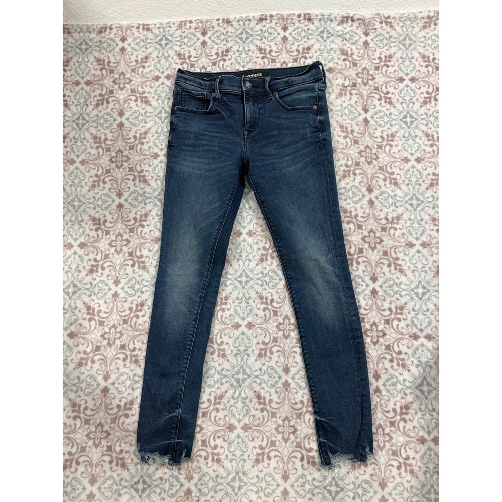 Express Denim Perfect Ankle Legging Jeans Blue Mid Rise Raw Hem 2R Stretch+